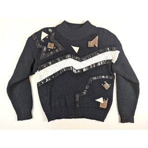 Jamie Scott Sweater Women Large Knit Abstract Mixed Media Black White 80s